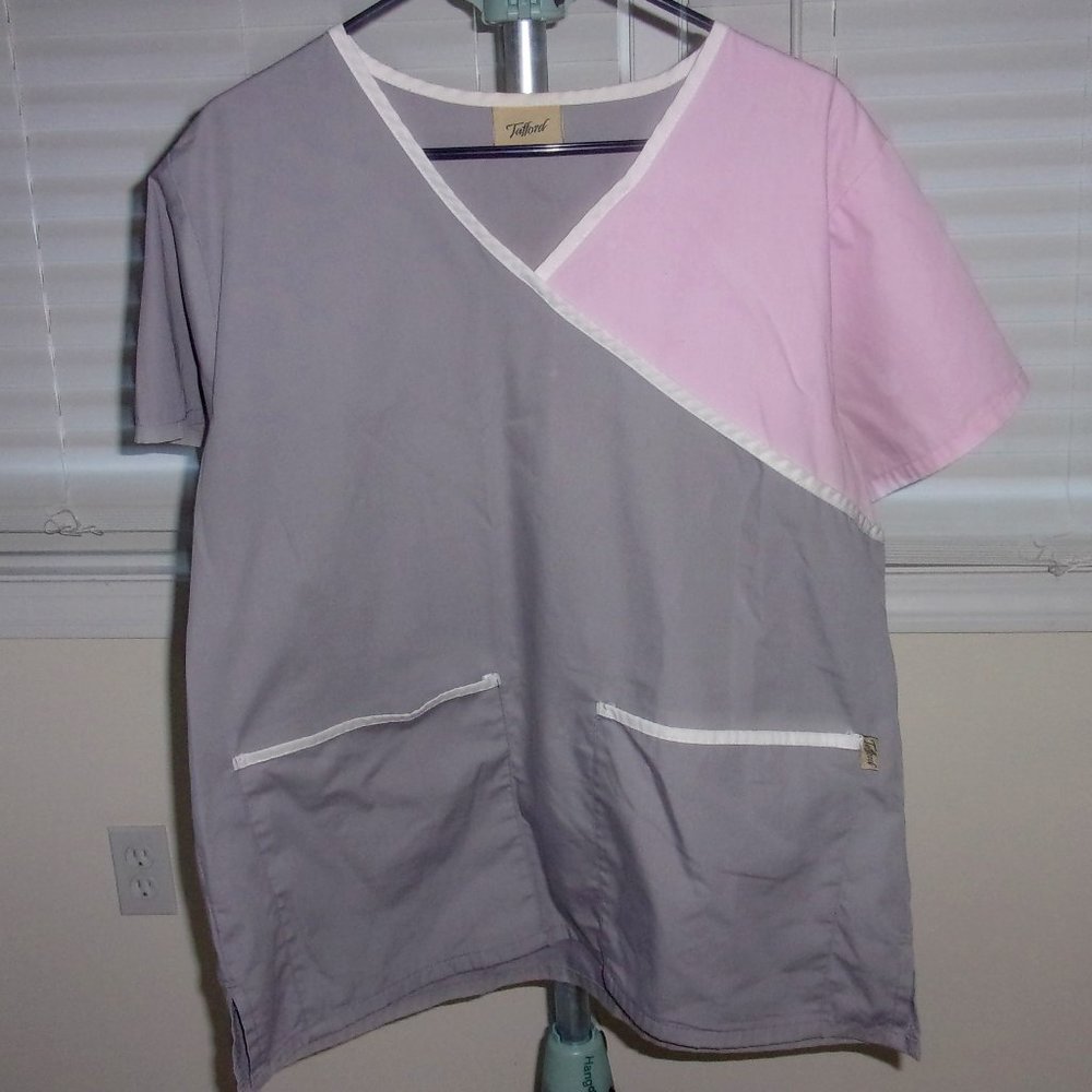 Tafford Pink & Gray Mock Wrap V-Neck Scrub shirt